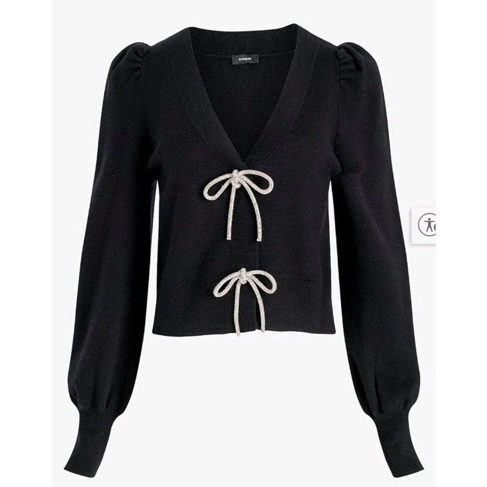 Express Rhinestone Bow Cardigan Black V Neck Cozy Knit Holiday Womens Size XXL